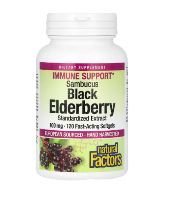Natural Factors, Sambucus Black Elderberry, 100 mg, 120 Fast-Acting Softgels