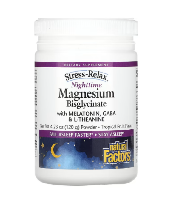 Natural Factors, Stress-Relax, Nighttime Magnesium Bisglycinate with Melatonin, Gaba & L-Theanine, Tropical Fruit, 4.23 oz (120 g)