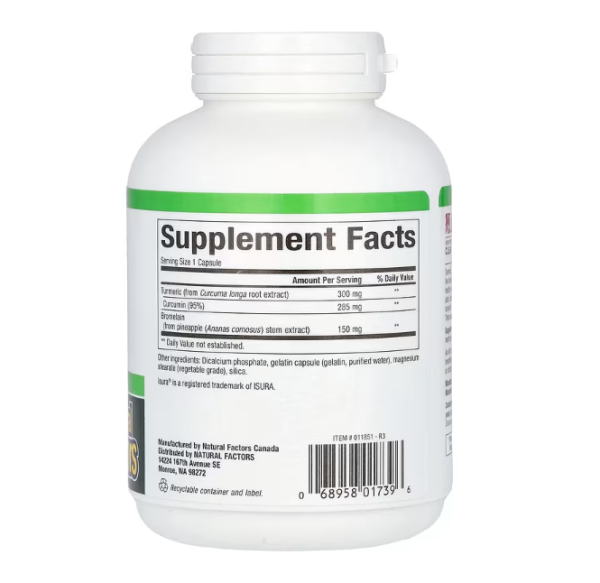 Natural Factors, Turmeric & Bromelain, 450 mg, 180 Capsules