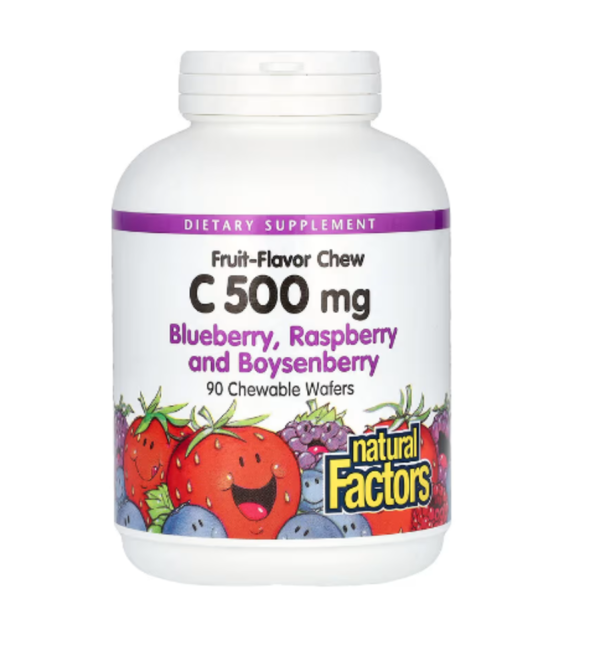 Natural Factors, Vitamin C Fruit-Flavor Chew, Blueberry, Raspberry and Boysenberry, 500 mg, 90 Chewable Wafers