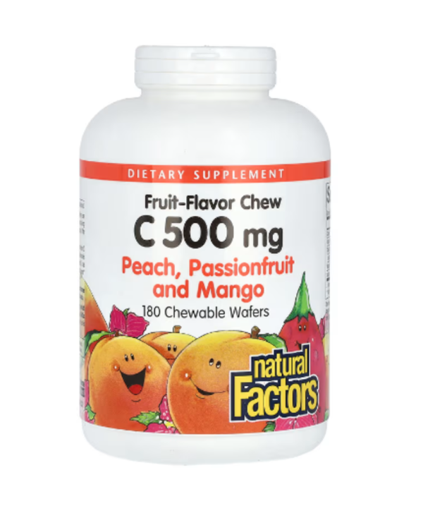 Natural Factors, Vitamin C, Fruit-Flavor Chew, Peach, Passionfruit and Mango, 500 mg, 180 Chewable Wafers