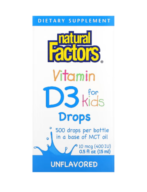 Natural Factors, Vitamin D3 Drops for Kids, Unflavored, 10 mcg (400 IU), 0.5 fl oz (15 ml)
