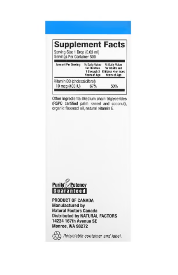 Natural Factors, Vitamin D3 Drops for Kids, Unflavored, 10 mcg (400 IU), 0.5 fl oz (15 ml)