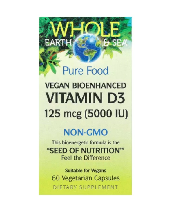 Natural Factors, Whole Earth & Sea®, Vegan Bioenhanced Vitamin D3, 125 mcg (5,000 IU), 60 Vegetarian Capsules