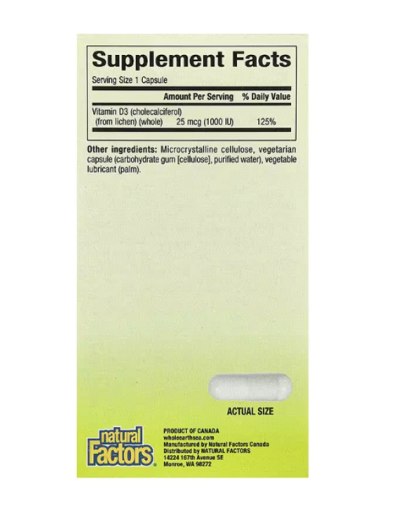 Natural Factors, Whole Earth & Sea, Vegan Bioenhanced Vitamin D3, 25 mcg (1,000 IU), 90 Vegetarian Capsules