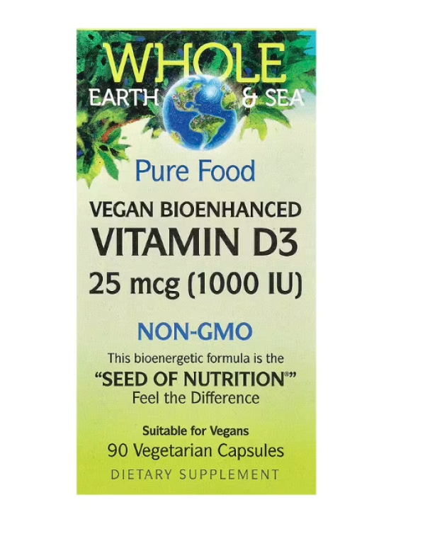 Natural Factors, Whole Earth & Sea, Vegan Bioenhanced Vitamin D3, 25 mcg (1,000 IU), 90 Vegetarian Capsules