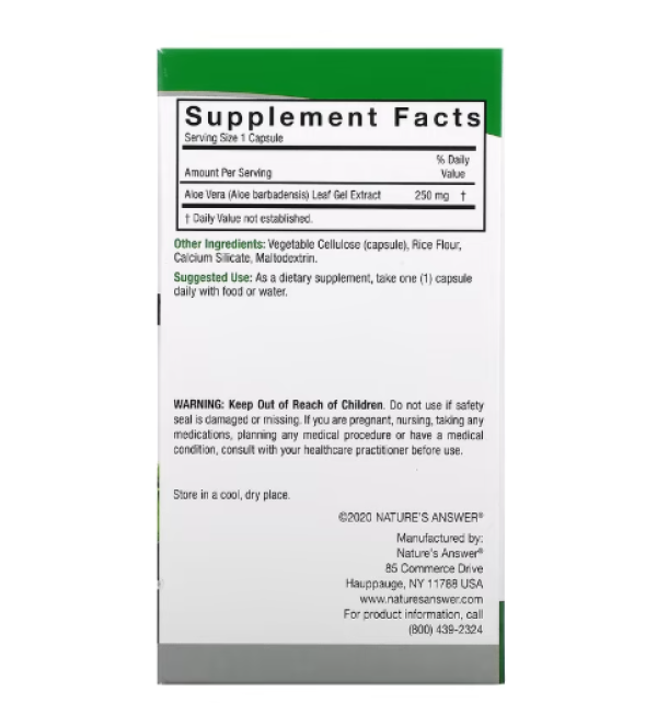 Nature's Answer, Aloe Vera Phytogel, 250 mg, 90 Vegetarian Capsules