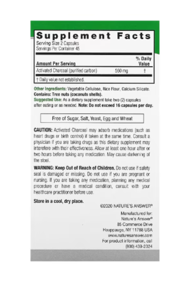 Nature's Answer, Charcoal, 560 mg, 90 Vegetarian Capsules (280 mg per Capsule)