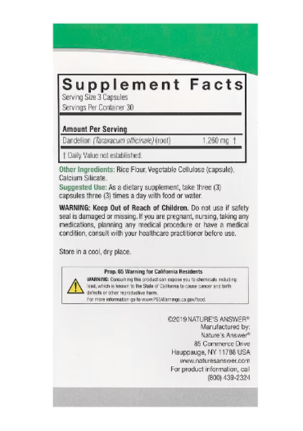 Nature's Answer, Dandelion, 1,260 mg, 90 Vegetarian Capsules (420 mg per Capsule)