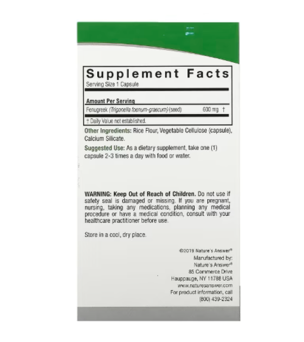 Nature's Answer, Fenugreek, 600 mg, 90 Vegetarian Capsules