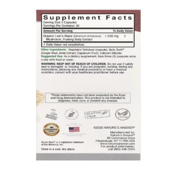 Nature's Answer, Lion's Mane, 1,500 mg, 90 Vegetarian Capsules (500 mg per Capsule)