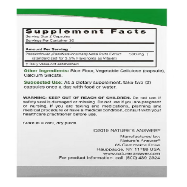 Nature's Answer, Passionflower, 500 mg, 60 Vegetarian Capsule (250 mg per Capsule)