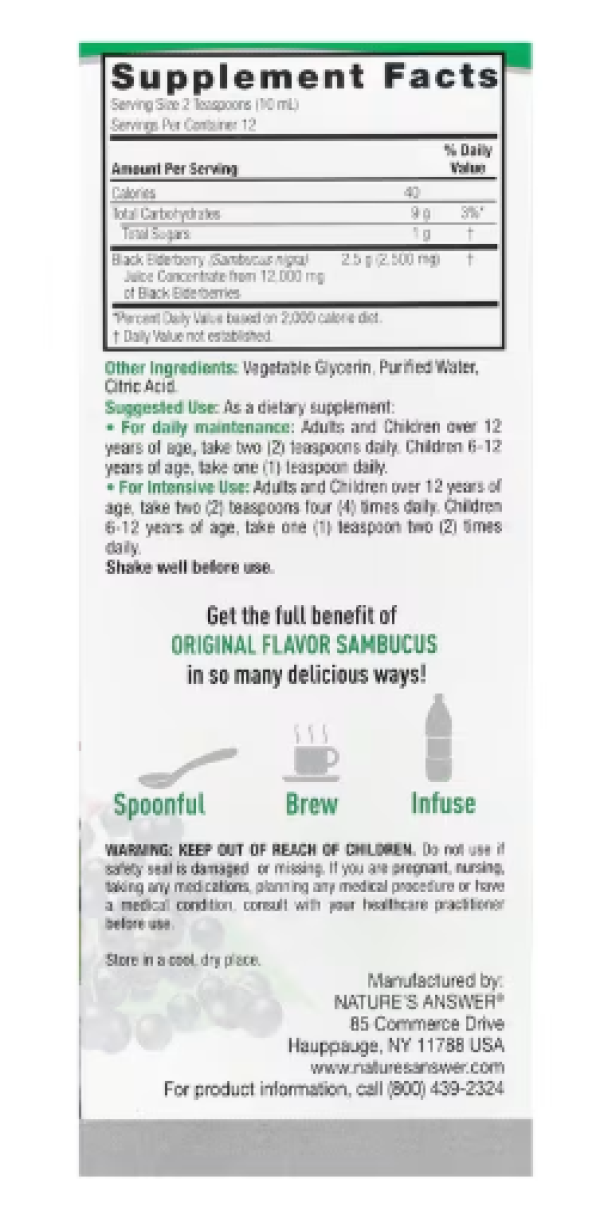 Nature's Answer, Sambucus, Black Elderberry, Alcohol-Free, 12,000 mg, 4 fl oz (120 ml)