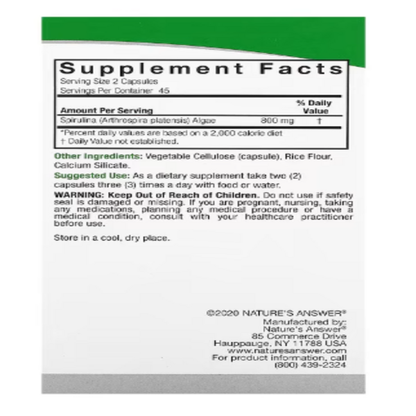 Nature's Answer, Spirulina, 800 mg, 90 Vegetarian Capsules (400 mg per Capsule)