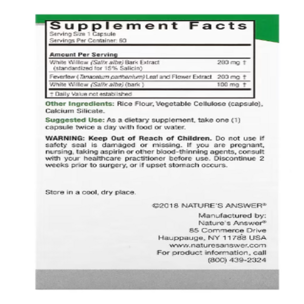 Nature's Answer, White Willow with Feverfew, 500 mg, 60 Vegetarian Capsules