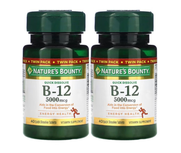 Nature's Bounty, B-12, Naturally Cherry, 5,000 mcg, Twin Pack, 40 Quick Dissolve Tablets Each