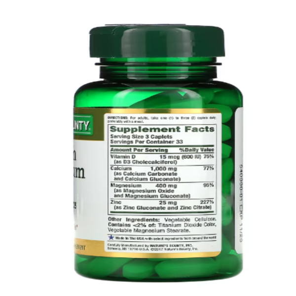 Nature's Bounty, Calcium Magnesium Zinc with Vitamin D3, 100 Coated Caplets