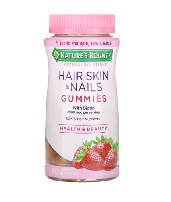 Nature's Bounty, Hair, Skin & Nails Gummies with Biotin, Strawberry, 2,500 mcg, 80 Gummies (1,250 mcg per Gummy)