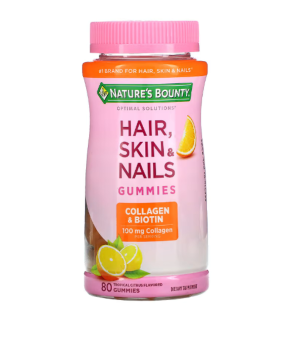 Nature's Bounty, Optimal Solutions, Hair, Skin, & Nails, Collagen & Biotin, Tropical Citrus, 80 Gummies