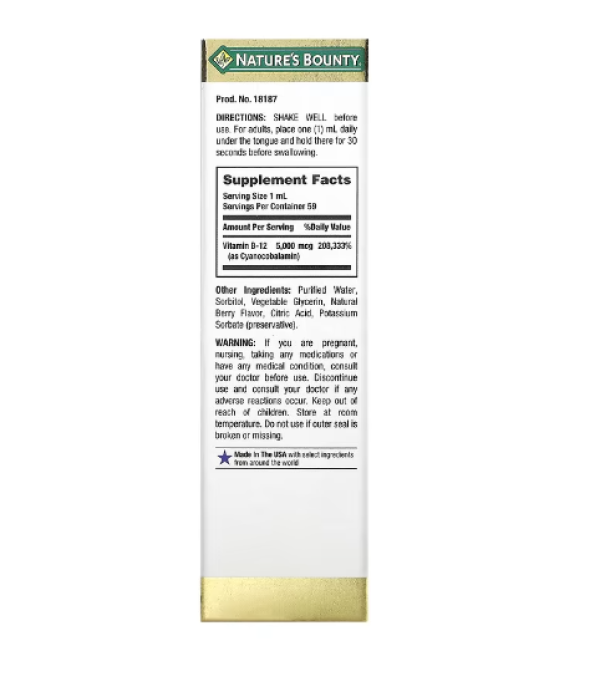 Nature's Bounty, Sublingual Liquid, Vitamin B12, 5,000 mcg, 2 fl oz (59 ml)
