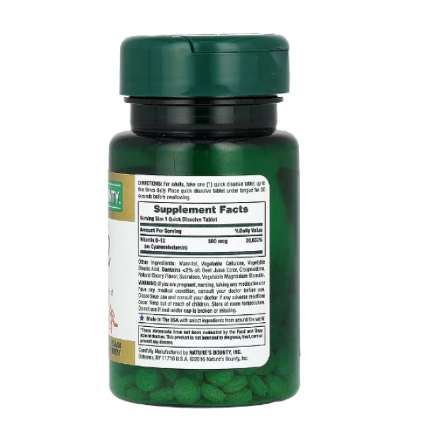 Nature's Bounty, Vitamin B-12, Natural Cherry, 500 mcg, 100 Quick Dissolve Tablets