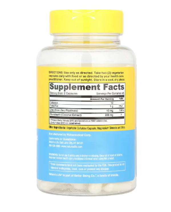 Nature's Life, Monolaurin + Zinc, 90 Capsules