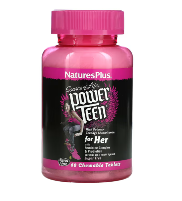Nature's Plus, Source of Life, Power Teen, For Her, Sugar Free, Natural Wild Berry Flavor, 60 Chewable Tablets