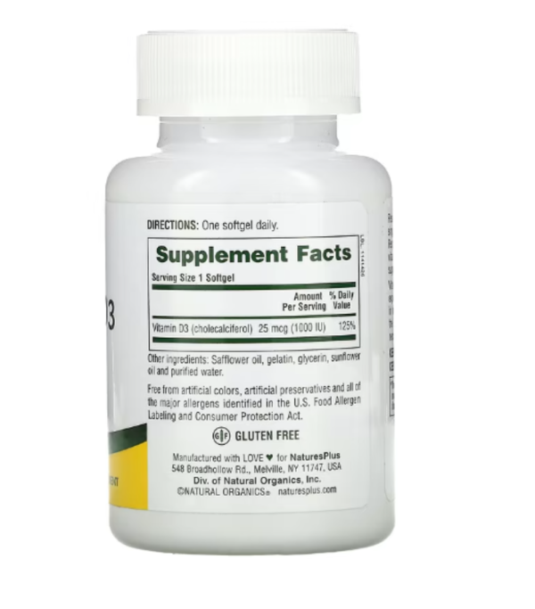 Nature's Plus, Vitamin D3, 1000 IU, 180 Softgels