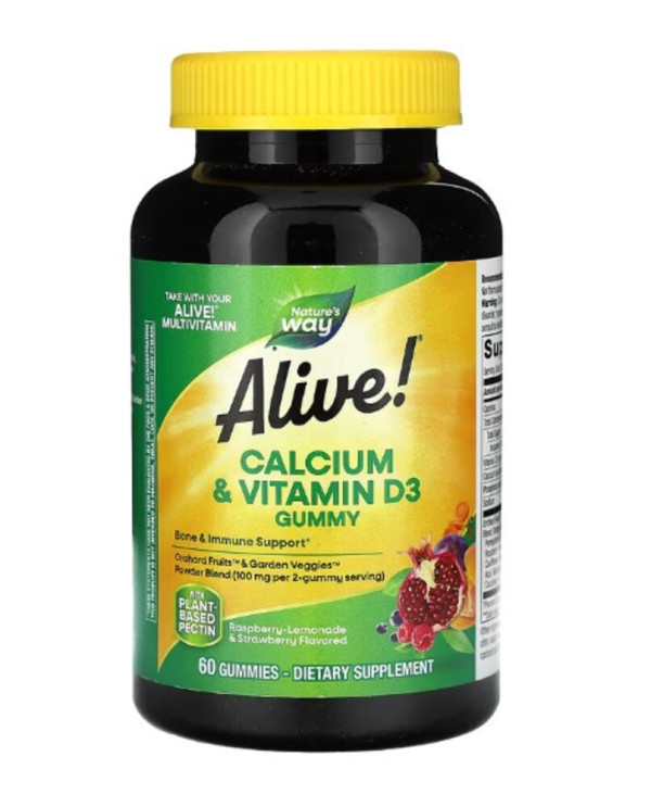 Nature's Way, Alive! Calcium & Vitamin D3 Gummy, Raspberry-Lemonade & Strawberry, 60 Gummies