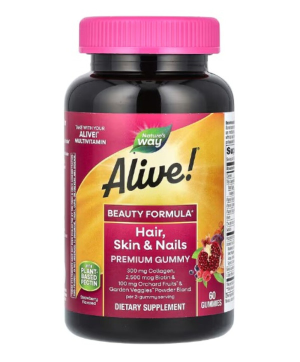 Nature's Way, Alive! Hair, Skin & Nails Premium Gummy, Strawberry, 60 Gummies