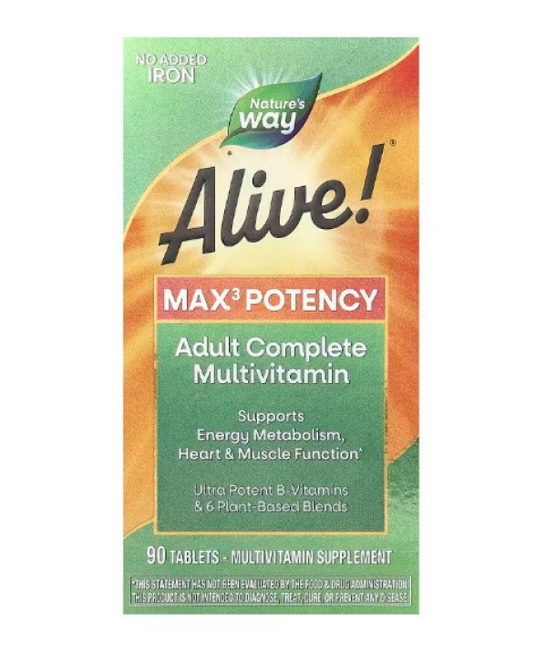 Nature's Way, Alive! Max3 Potency Multivitamin, No Added Iron, 90 Tablets