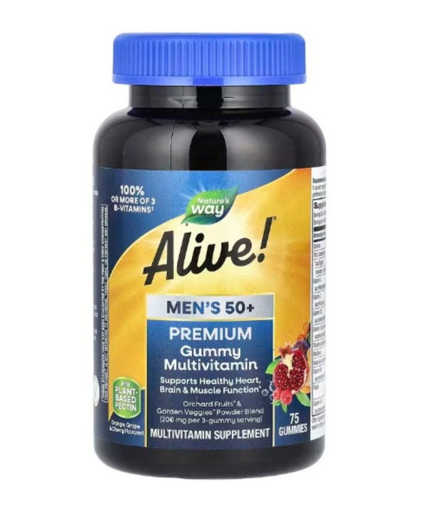 Nature's Way, Alive! Men's 50+ Premium Gummies, Complete Multivitamin, Orange, Grape & Cherry, 75 Gummies