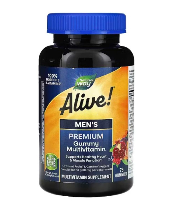 Nature's Way, Alive! Men's Premium Gummy Multivitamin, Orange, Grape & Cherry, 75 Gummies