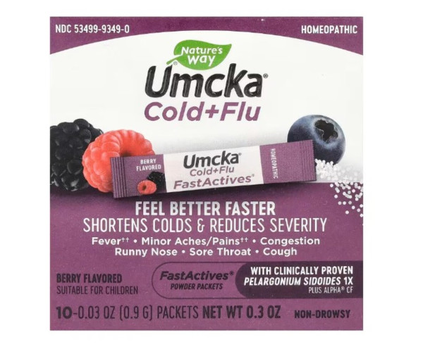 Nature's Way, Fast Actives, Umcka, Cold + Flu, Berry, 10 Packets, 0.03 oz (0.9 g) each