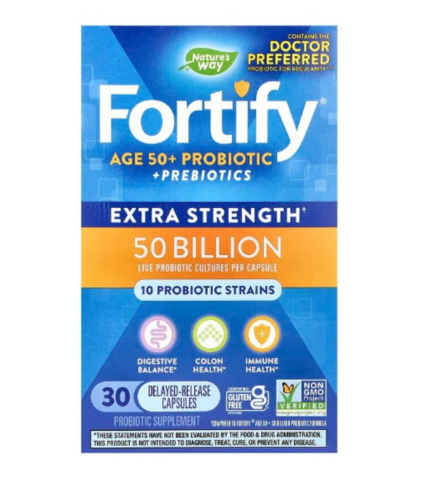 Nature's Way, Fortify, Ages 50+ Probiotic + Prebiotics, Extra Strength , 50 Billion, 30 Delayed-Release Capsules