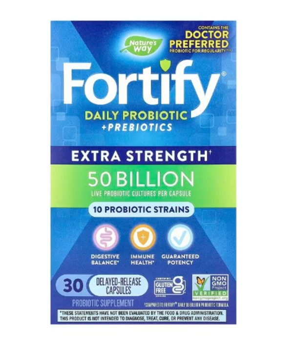 Nature's Way, Fortify, Daily Probiotic + Prebiotics, Extra Strength, 50 Billion , 30 Delayed Release Capsules