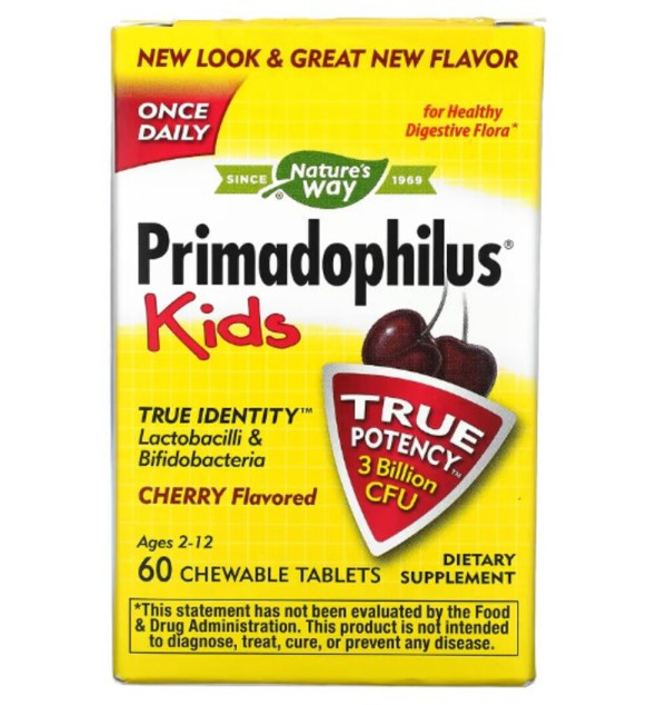 Nature's Way, Primadophilus, Kids, Age 2-12, Cherry , 3 Billion CFU, 60 Chewable Tablets