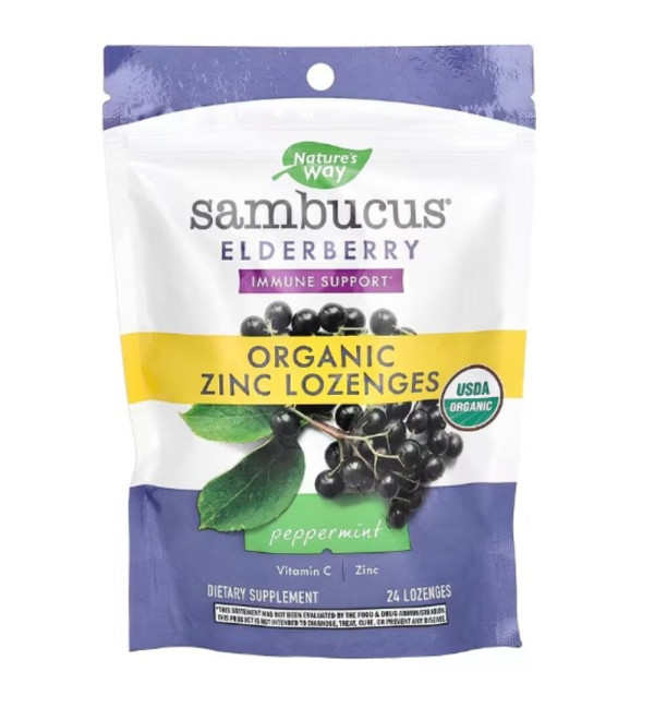 Nature's Way, Sambucus Elderberry, Organic Zinc Lozenges, Peppermint, 24 Lozenges