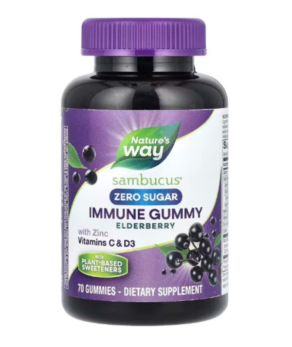 Nature's Way, Sambucus, Immune Gummy with Zinc, Vitamins C & D3, Zero Sugar, Elderberry, 70 Gummies