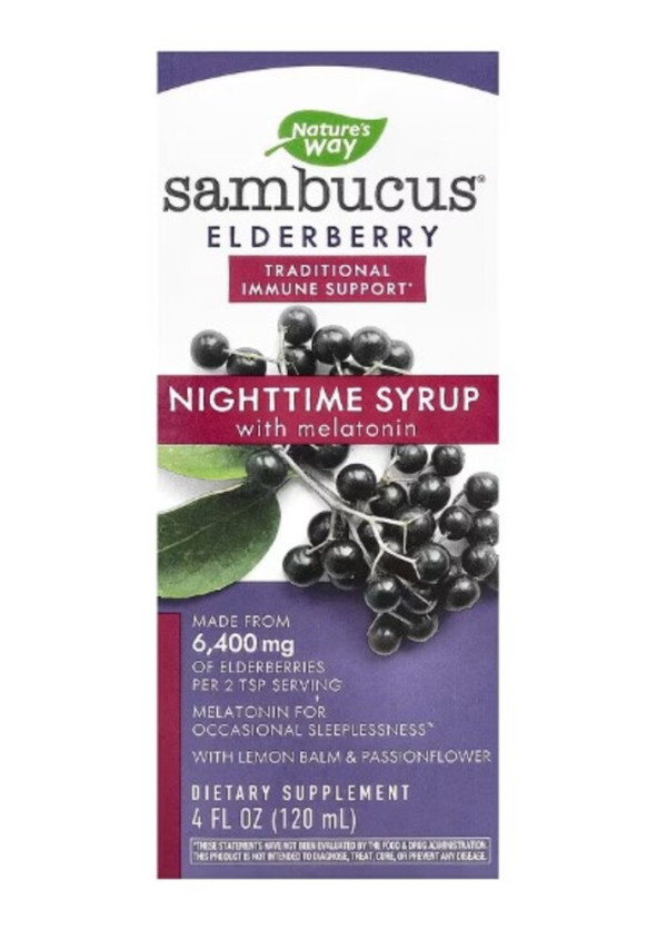 Nature's Way, Sambucus, Nighttime Syrup with Melatonin, Elderberry, 4 fl oz (120 ml)