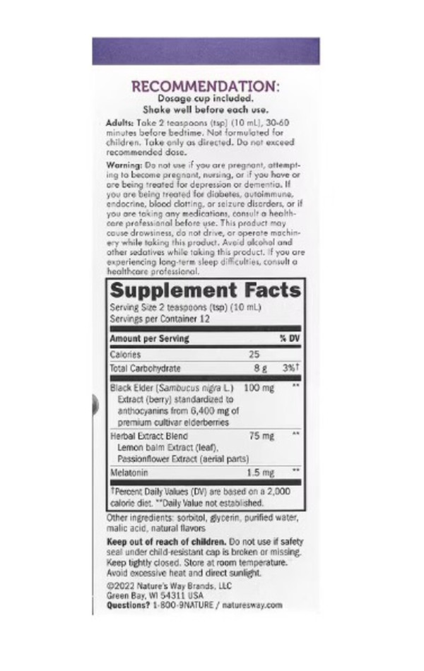 Nature's Way, Sambucus, Nighttime Syrup with Melatonin, Elderberry, 4 fl oz (120 ml)