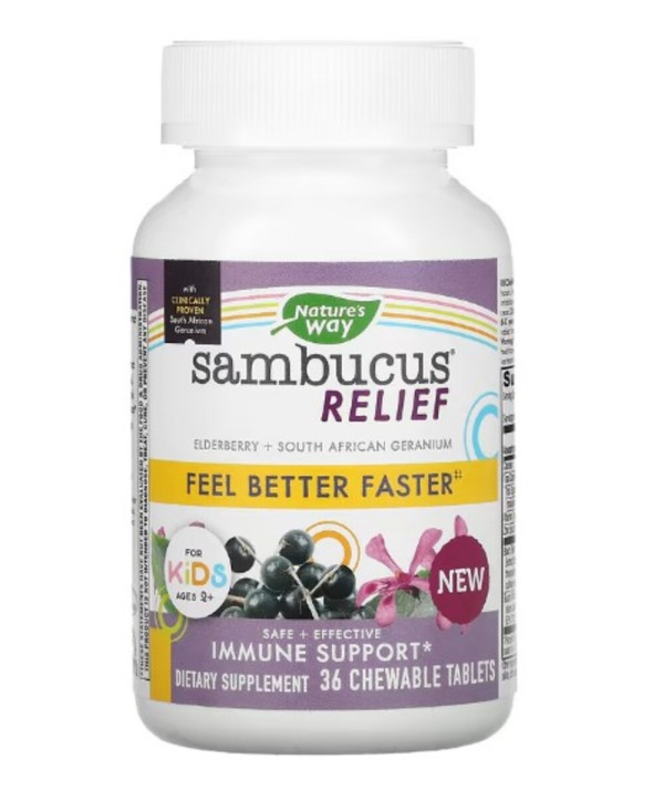 Nature's Way, Sambucus Relief, Immune Support, For Kids, Ages 2+, Berry, 36 Chewable Tablets