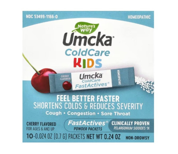 Nature's Way, Umcka, Kids ColdCare, FastActives, For Ages 6 and UP, Cherry, 10 Powder Packets, 0.024 oz (0.7 g) Each