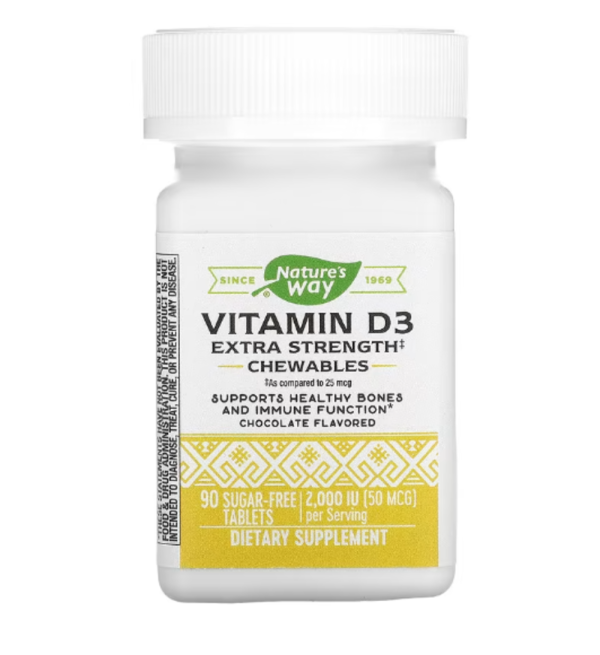 Nature's Way, Vitamin D3, Extra Strength, Chocolate, 50 mcg (2,000 IU), 90 Sugar-Free Tablets