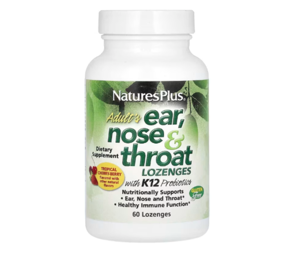 NaturesPlus, Adult's Ear, Nose & Throat Lozenges with K12 Probiotics, Natural Tropical Cherry-Berry, 60 Lozenges