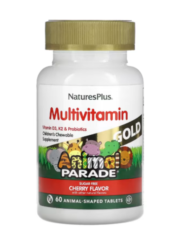 NaturesPlus, Animal Parade Gold, Children's Chewable Multivitamin Supplement, Cherry, 60 Animal-Shaped Tablets
