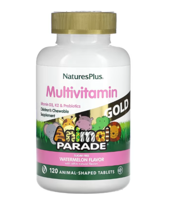 NaturesPlus, Animal Parade Gold, Children's Chewable Multivitamin Supplement, Watermelon, 120 Animal-Shaped Tablets