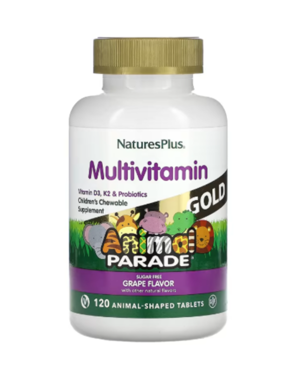 NaturesPlus, Animal Parade Gold, Children's Multivitamin Chewable Supplement, Grape, 120 Animal-Shaped Tablets