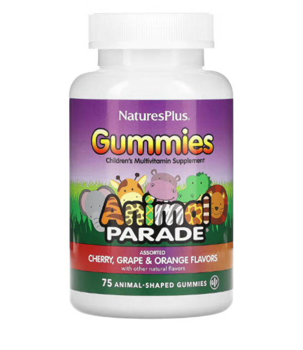 NaturesPlus, Animal Parade Gummies, Children's Multivitamin, Assorted Flavors, 75 Animal-Shaped Gummies
