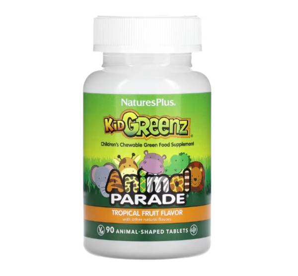 NaturesPlus, Animal Parade, Kid Greenz, Children's Chewable Green Food Supplement, Tropical Fruit, 90 Animal-Shaped Tablets